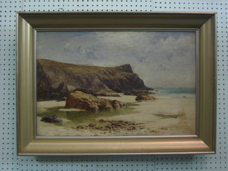 Indistinctly signed, oil on canvas "Sea Scape with Cliff" 15" x 23"