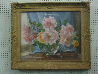 M Mostyn, impressionist oil on canvas "Vase of Flowers" 15" x 19"