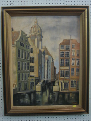R Knight, oil on canvas "Continental Canal Scene" 24" x 17 1/2"