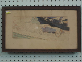 A motor racing coloured print "Albert Clement in Clement Bayard Vanderbilt Cup 1904", framed and glazed by Edouard Montaut 4" x 10"