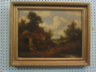 Charles Vickers, 18th Century oil on canvas, "Tavern  with Figures by a Pond" 11" x 15"
