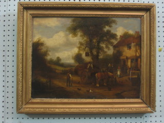 Charles Vickers, 18th Century oil on canvas, "Country Scene with Tavern" 11" x 15"