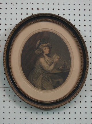 A Bartolozzi style print "Seated Lady with Side Handled Coffee Pot" 8" oval