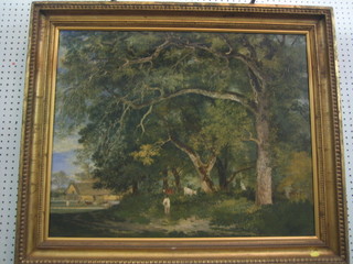 18th/19th Century oil on canvas "Rural Scene with Figures by a Wooded Area" 22" x 28"