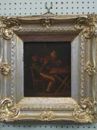 After Ostade, 18th Century oil painting on board "Interior Tavern Scene" 7 1/2" x 8"