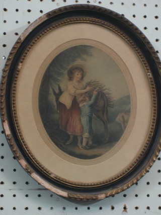 18th Century coloured print "Children with Donkey" 7" oval