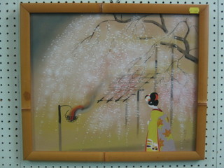 Eastern watercolour on fabric "Study of a Geisha Standing by a Brazier" 13" x 16"