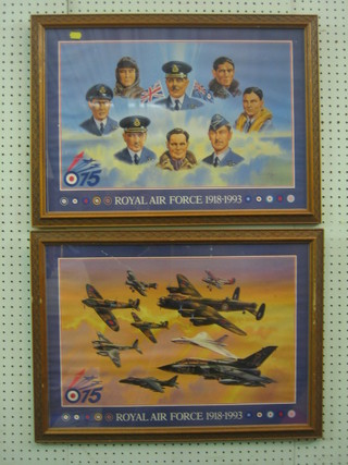 2 coloured prints commemorating the 75th Anniversary of The Royal Air Force 13" x 21"
