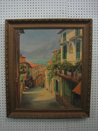 Continental oil on canvas "Street Scene with Figures, Mountain and Lake in Distance" monogrammed SJ 22" x 18"