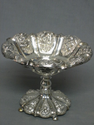 A Continental embossed silver circular pedestal bowl, raised on 3 bun feet 7 ozs