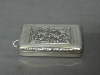 A rectangular Continental silver snuff box, the lid decorated a hunting scene 3", 3 ozs