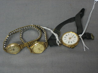 A lady's gold and enamelled dress watch and 2 other gold cased wristwatches