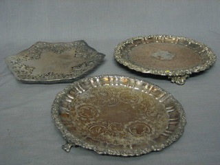 An Art Deco pierced silver plated salver by Mappin & Webb and 2 19th Century silver plated salvers with bracketed borders