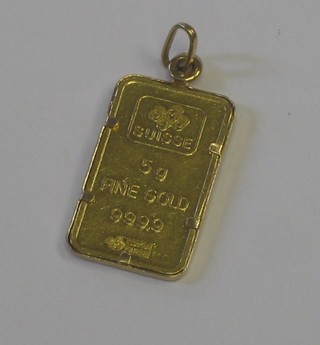 A 5 gram gold ingot, marked Suisse 59  999,