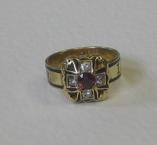 A Victorian gold and black enamelled mourning ring set diamonds and red stones