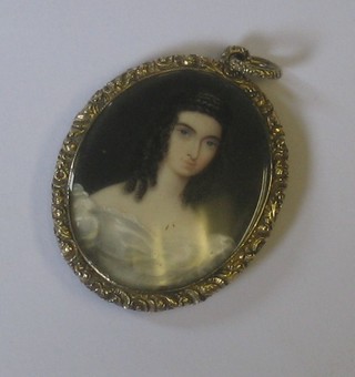 A mourning pendant, one side set a portrait miniature, the other with woven hair panel contained in a gilt pendant