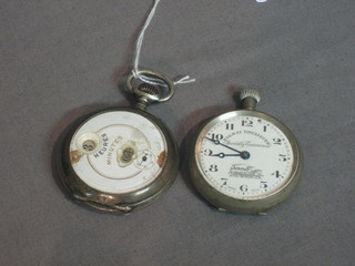 A Swiss railway time keeper pocket watch contained in a gun metal case together with an early digital pocket watch contained in gun metal case (f)