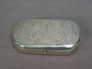A 19th Century oval and engraved Continental silver tobacco box with hinged lid 3 ozs