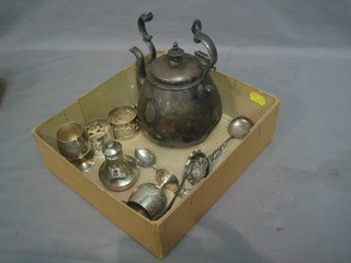 A silver plated kettle and a small quantity of plated items