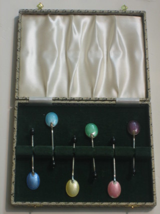 6 silver bean end and enamelled coffee spoons