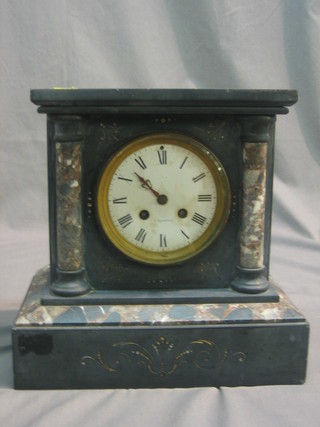 A French 19th Century striking mantel clock with enamelled dial and Roman numerals contained in a marble architectural case