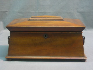 A Victorian mahogany sarcophagus shaped twin compartment tea caddy  with ring handles and hinged lid, raised on bun feet 13" (mixing/sugar bowl missing)