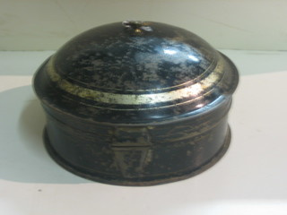 A 19th Century circular Japanned metal spice box complete with grater, 8"