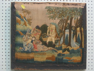 An 18th Century stump work picture of a mythical scene with figures in garden 15" x 12", unframed