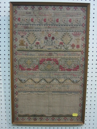 An 18th Century stitch work sampler with motto, figures and flowers, the reverse marked by ?? Percy who died January 9th 1759, 20" x 13"