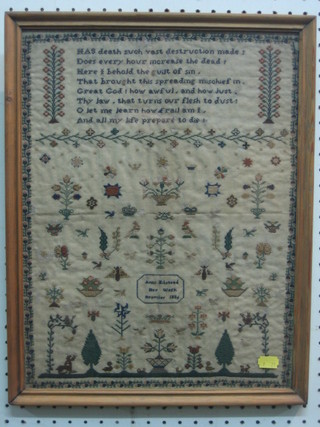 A Victorian stitch work sampler with motto and flowers in garden by Ann Wilstead, Bromley 1836 16" x 12"