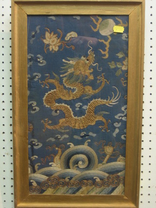 An Oriental embroidered panel decorated a dragon 17" x 9"