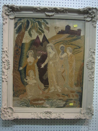 An 18th Century stump work picture depicting religious scene with figure and building in distance 22" x 17"