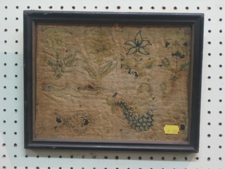 A 17th/18th Century section of stitch work picture decorated a mermaid and serpent 7" x 10" (some holes) 