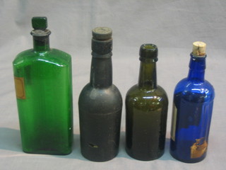 A 19th Century green Poison bottle and 4 other antique bottles