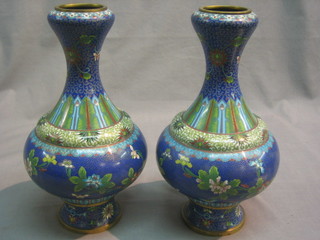 A pair of club shaped blue ground cloisonne vases with floral decoration 11"