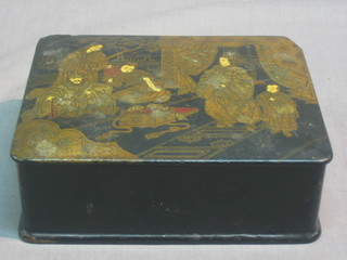 A 19th Century Oriental black lacquered box with hinged lid decorated court figures 7"