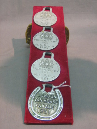 4 aluminium horse brasses - an RSPCA Merrit badge 1949, 50 and 51 together with a London Van Horse Parade 1951