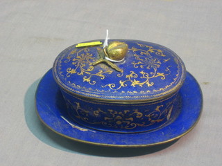 An 18th/19th Century oval blue enamelled jar and cover with matching stand 5", dent to jar