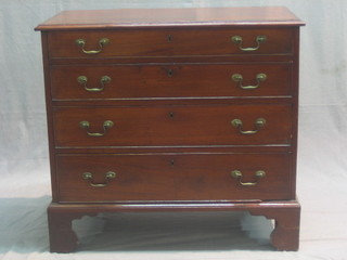 A 19th Century mahogany chest with inlaid top, fitted 4 long drawers with brass swan neck handles, raised on bracket feet 33"