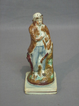 A Staffordshire figure of a standing labourer with hand bill and bottle, 6"