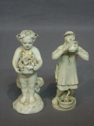 A pair of white glazed pottery figures of standing cherubs and a gentleman drinking 5" (f and r)
