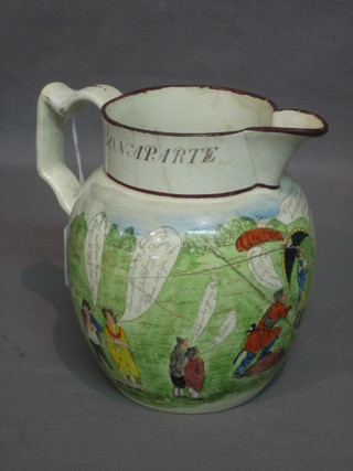 A 19th Century Satirical jug decorated figures and marked Bonaparte Dethroned April 1, 1814 6" (heavily cracked and f) 