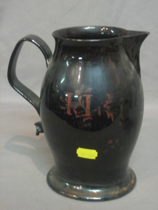 An 18th/19th Century black glazed pottery Paragon jug marked Ale 8"
