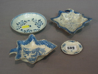 A circular blue and white tea bowl 5", a blue and white leaf shaped pickle dish 6" (cracked), 1 other 5 1/2" and a childs dolls house blue and white plate 2"