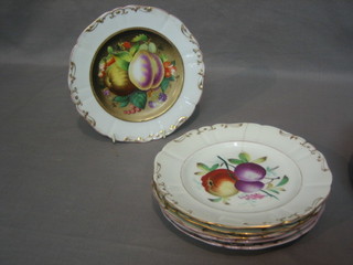 3 19th Century Continental dessert plates decorated fruit, the reverse impressed Dallwitz (1 cracked) 7 1/2" together with 2 other Continental porcelain dessert plates decorated fruit marked Fu 33 (1 cracked)