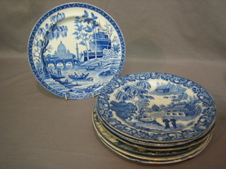 A 19th Century Spode blue and white plate decorated a Venetian scene 10" and 7 other blue and white plates