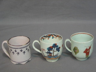 A puce coffee can (chip to base and rim) and 2 other coffee cans with Oriental decoration