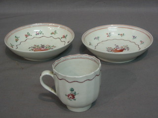 2 19th Century porcelain tea saucers decorated basket of fruit and a matching coffee can