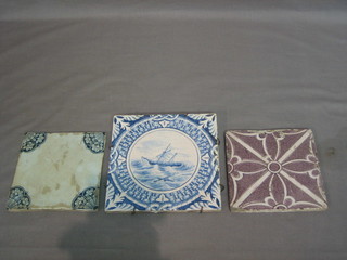 A 19th Century blue and white tile decorated ship in heavy sea and 2 other tiles 7"