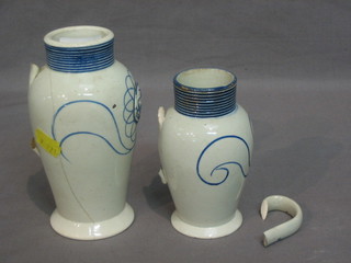 A Georgian blue and white pottery flask (handle f) with Royal Cypher GR 6" and a smaller do. 5"